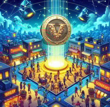 A marketplace with $VSTM tokens being exchanged frequently, depicting high activity