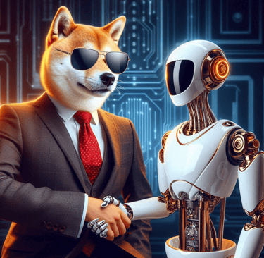 A robot shaking hand with a shiba inu