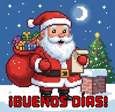 Santa Claus pixeleado sosteniendo regalos de Navidad junto a la frase Buenos días estilo retro