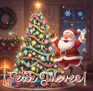 santa claus saltando de felicidad tomando leche y galletas deseando feliz jueves