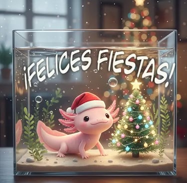Ajolote en pecera con gorrito de Navidad deseando felices fiestas