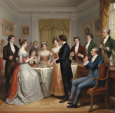 A group of ladies and gentlemen around a table from the Regency period.