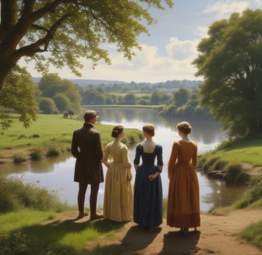 Three Regency people at the edge of a river