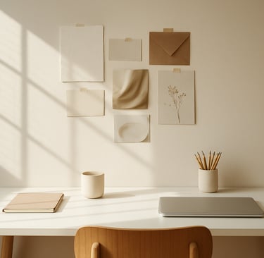 Professional photography of a minimalist workspace with a neutral-toned mood board and soft shadows from a window, bright and airy atmosphere, Spanish-speaking editorial style.