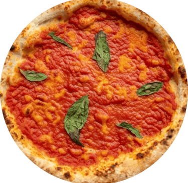 Classic Italian Neapolitan marinara pizza with tomato sauce, fresh basil, and a charred wood-fired crust.