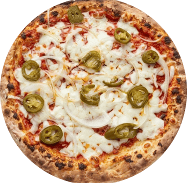 Freshly baked spicy pizza with melted mozzarella cheese, sliced onions, and green jalapeños on a thin crust.