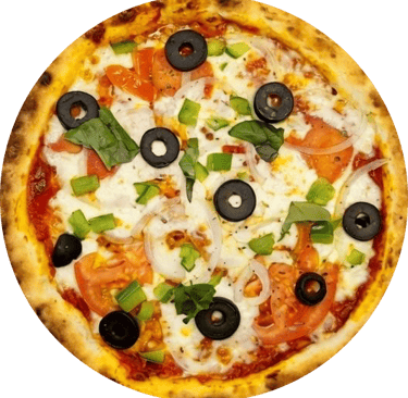 Fresh vegetarian pizza with black olives, tomatoes, green peppers, and onions on a thin crust.