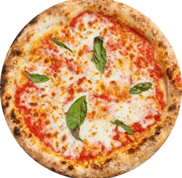 Fresh Neapolitan Margherita pizza with tomato sauce, melted mozzarella cheese, and green basil leaves.