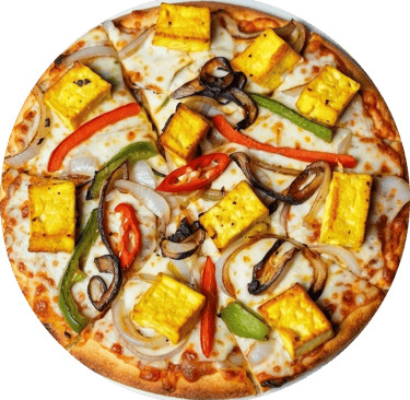 Vegetarian masala paneer pizza topped with cubed cheese, bell peppers, and caramelized onions.