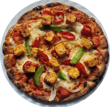 Cottage cheese pizza topped with fresh peppers, onions, and red chilies on a crispy thin crust.