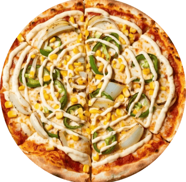 Vegetarian pizza topped with corn, green peppers, onions, and a creamy jalapeño sauce drizzle.
