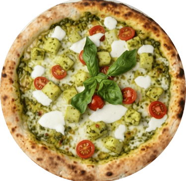 Gourmet pesto pizza topped with cherry tomatoes, fresh mozzarella, and basil leaves on a thin crust.