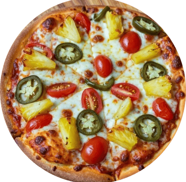 Vegetarian pizza with pineapple, jalapeños, and cherry tomatoes on a crispy crust.