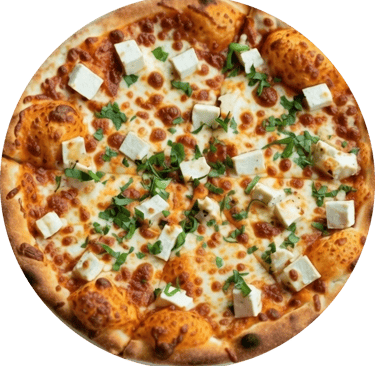Freshly baked paneer pizza with melted mozzarella cheese, tomato sauce, and cilantro garnish.