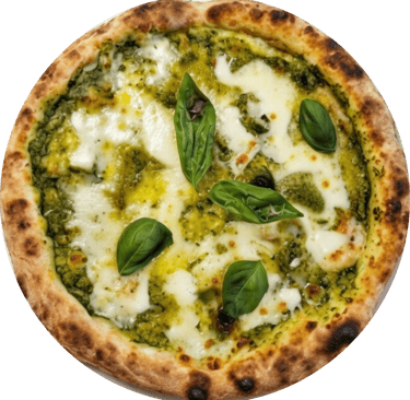 Gourmet pesto pizza with melted mozzarella cheese and fresh basil leaves on a wood-fired crust.