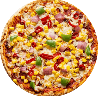 Fresh vegetarian pizza with melted cheese, sweet corn, red onion, paprika, bell peppers thin crust.