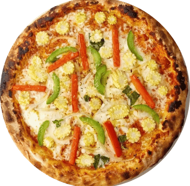 Freshly baked vegetable pizza topped with baby corn, green bell peppers, and carrots.