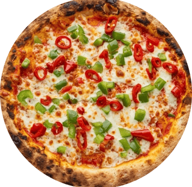 Freshly baked spicy vegetarian pizza with green bell peppers and red chili toppings on a thin crust.