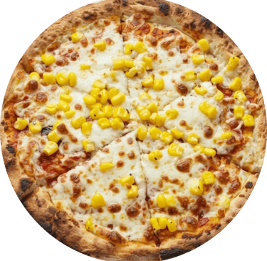 Top view of a freshly baked thin crust pizza topped with melted mozzarella cheese and sweet corn kernels.