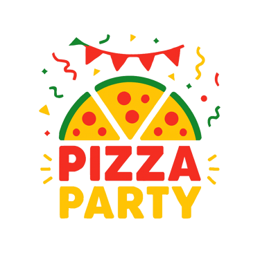 Pizza party illustration with delicious slices, festive confetti, and a red banner.