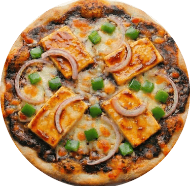 Pizza topped with glazed black pepper sauce, grilled cottage cheese, green peppers, and red onions.