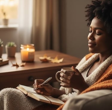 InnerLoom Life Coaching: A woman reflecting by candlelight in a cozy room. Mental wellness concept