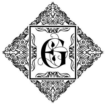 Logo noir de l'auteure Elisabet Guillot - La lettre G stylisée pour la littérature de l'imaginaire dans un cadre décoratif.