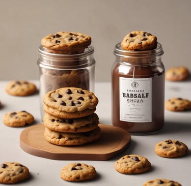 A box containing several chocolate chip cookies, partially surrounded by green leaves. The cookies are golden-brown with visible dark chocolate chips and are placed on a sheet of paper inside the box.