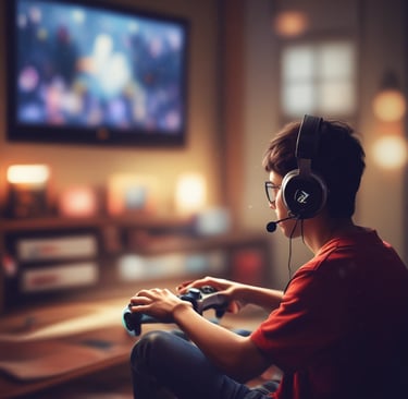 A person wearing headphones is sitting in front of a computer setup with multiple monitors displaying colorful, blurred graphics. The headphones have a distinctive logo illuminated in green. The ambient lighting and screen glow add to the immersive gaming environment.