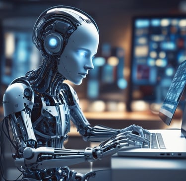 a robot is sitting at a desk with a laptop
