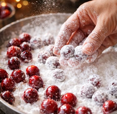 : Cranberries coated in powdered sugar for candied cranberry recipe