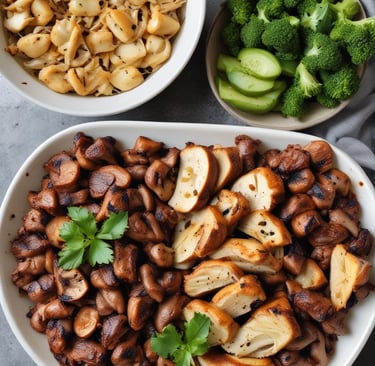a plate of mushrooms and broccoli on a table