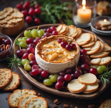 Baked brie appetizer served with crackers and fruit
