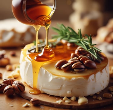 Slow-motion style food photography of honey being drizzled over brie cheese with chopped nuts and fr