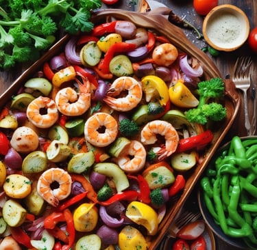 “Sheet-pan Cajun shrimp and roasted vegetables — colorful, spicy weeknight dinner bursting with flav