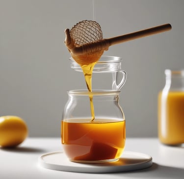 Straining hot honey into jar