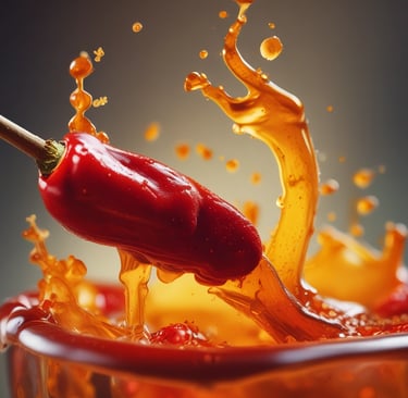 : Chili flakes being added to honey for hot honey sauce