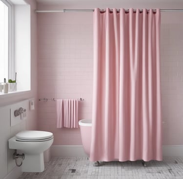 a bathroom with a pink shower curtain and a pink shower curtain