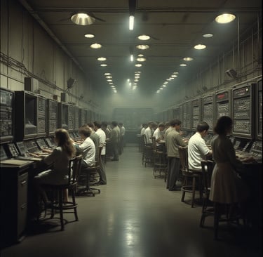 a group of people working on computers in a room