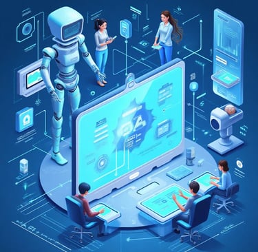 a robot is standing in front of a laptop