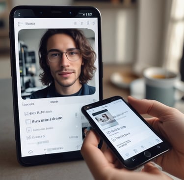 a person holding a cell phone in front of a picture of a man
