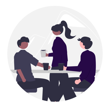 Three people conversation over coffee.