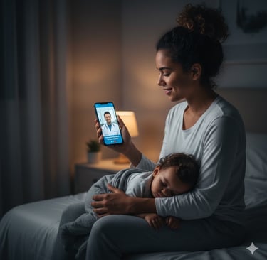 Mãe em Natal fazendo consulta de pediatria online para o filho pelo celular.