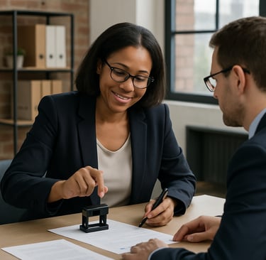 An image showing a mobile notary notarizing documents at a business location