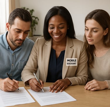 Mobile notary signing documents with clients