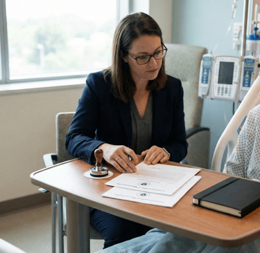 Mobile notary public notarizing documents at a hospital in Massachusetts