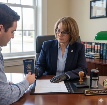 Notary public verifying identity and notarizing an important legal document