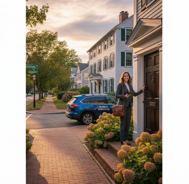 Mobile notary arriving at a client location on Washington Street in Woburn MA