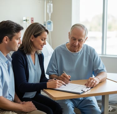 Mobile notary assisting an elderly person with a power of attorney signing