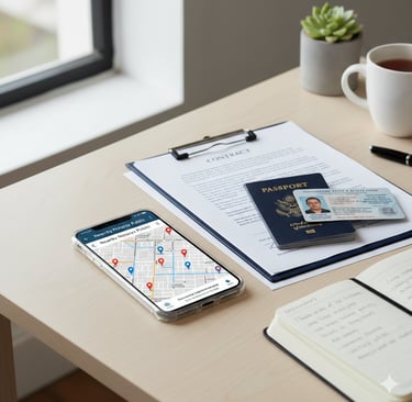 Phone with map pins showing nearby notaries, desk with legal documents and ID, clean bright workspac